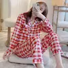 Pijama Feminino Primavera e Outono Novo Cardigã Calça de Manga Longa Desenho Animado Doce Roupa de Casa para Senhoras
