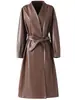 Abrigo de cuero con cordones de doble botonadura de longitud media para mujer Haining, gabardina elegante, nueva chaqueta de piel de oveja para otoño e invierno
