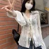 Camisa de Solapa Diseñada para Mujer Verano Delgada de Manga Larga con Cordones Cardigan Protector Solar Aspecto Adelgazante de Cintura Superior