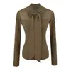 Top de punto gris semitransparente con cuello en V y lazada para mujer, otoño e invierno, con un diseño único, corte ajustado, top de manga larga para llevar debajo