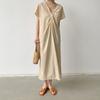 Vestido longo solto retrô francês estilo coreano chique e real, frente e verso, elegante, manga curta, verão