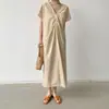 2026 Chic Coreano Retrô Estilo Francês Torcido na Frente e nas Costas Vestido Longo Solto Conversível Vestido Elegante de Verão com Manga Curta