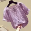 Blusa de gasa para mujer de manga corta 2025 estilo coreano verano nuevo versátil que cubre el vientre adelgazante morado dulce camisa de gasa