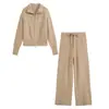 Conjunto de malha feminino com gola alta e zíper, conjunto de duas peças com jaqueta de cor sólida e calça pantalona, roupas casuais femininas para outono e inverno em estoque
