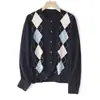 London College MIU Departamento 100% Lana Australiana Tejido de Punto Acolchado de Diamantes Cárdigan Suéter de Punto Retro Británico Cuello Redondo Mujer