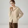 Estilo relaxado inspirado na indústria pesada! Cardigã com capuz 100% cashmere feminino, modelagem solta, suéter de tricô com zíper, peça de outer wear que afina e rejuvenesce