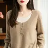 2025 Nuevo Punto de Lana Pura para Otoño e Invierno Cuello Redondo Manga Larga Combinación de Colores para Mujer Suéter Holgado Top Falso de Dos Piezas