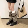 Botas de montar de cuero de vaca lavado de primera capa + tela con bloques de color, botas largas de caña alta para mujer, puntera redonda, tacón de grosor medio, botas por encima de la rodilla para mujer