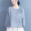 Liquidação: Camisa Feminina 2025 Primavera Nova Retrô Artística Gola Redonda Manga Longa Linho Branco Bordado