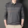 Camiseta de manga larga de primavera para hombre con cuello, ropa para hombres de mediana edad y mayores, top con bolsillo real, polo a rayas