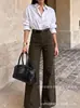 Europa Transfronteriza TEMU/TK/Amazon Color Café Pantalones Largos de Mezclilla Elásticos de Cintura Alta Pierna Ancha para Mujer