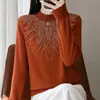 Suéter de punto para mujer con cuello semi-alto y adornos de pedrería, para otoño e invierno, elegante suéter de manga larga, estiliza y es versátil, perfecto como capa interior o top base