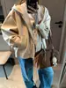 Moqie Moda Callejera Estilo Americano Retro Diseño de Cordón Silueta Holgada Chaqueta con Capucha MQ1920
