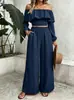 Conjunto de Duas Peças Estilo Boho para Férias Feminino 2026 com Top Longo de Babados Ombro a Ombro e Calça Wide Leg de Cintura Alta
