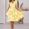 Europeo y Americano Transfronterizo para Mujer Nueva Moda Aliexpress Bohemio Moderno Flores Posicionadas Estampado Cuello en V Manga Corta Vestido