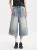Calça jeans cropped feminina com estampa de estrelas estilo retrô americano, novo estilo de verão, calça solta de 7/8, shorts largos rasgados