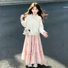 Conjunto de Otoño para Niña: Look Suave Estilo Coreano para Niñas Pequeñas, Conjunto Casual de Sudadera con Cuello y Falda de Dos Piezas para la Escuela