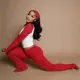 Amazon Conjunto Esportivo Casual Americano Estilo Sexy Cor Contrastante Camiseta de Manga Longa Calça com Cintura Dobrada Conjunto de Três Peças Fitness