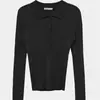 Camiseta Base de Punto con Cuello Solapa Dongdaemun Coreana Sencilla Cuello Polo Botón Canalé Adelgazante Manga Larga T