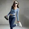 Set de Pilates Yoga para Mujer Elástico Cuello Cuadrado Manga Larga con Almohadilla en el Pecho Pantalones de Cintura Alta Bloque de Color Set Profesional de Entrenamiento Fitness