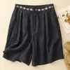 Zhen PaimenCalças curtas de algodão e linho, estilo chinês artístico, shorts de cintura alta bordados para mulheres, shorts retos soltos e versáteis de cinco pontos