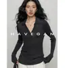Camiseta de punto de manga larga con solapa para otoño HAVEGAN/para mujer, corte ajustado, con lana, top básico estilo old money