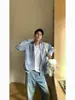 Camisa casual de manga caída, cuello ancho, de un solo botón, a cuadros azules y blancos, ligera y transpirable, corte holgado, estilo coreano, versátil y relajada