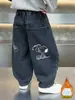 Ropa de Otoño e Invierno para Niños Estampado de Dibujos Animados Jeans con Felpa Pantalones Casuales Sueltos de una Pieza para Niños Pantalones de Bebé Comercio Exterior