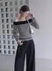 Top de punto a rayas con patchwork de color contrastante, hombros descubiertos, manga larga para mujer, diseño de otoño, top base único y hermoso