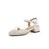 Sandálias de Salto Grosso 3,5cm Bico Fechado para Mulheres, Novo Estilo de Verão, Sapatos Trançados Vazados, Tira Única, Calcanhar Aberto, Tamanho Grande para Mulheres