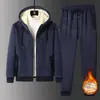 Conjunto de Duas Peças Cardigan Novo 2024 Inverno Forrado com Lã Espessado com Capuz Quente Terno Esportivo Casual Masculino