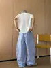 Calça de Seda Gelo Listrada Azul para Homens, Estilo Coreano de Verão, Caimento Relaxado e Solto, Estilo Old Money, Calça Casual Larga Solta