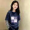 Camiseta de manga larga de algodón puro con retazos a rayas para niñas, versátil, para primavera y otoño, para niños mayores, estilo coreano, corte holgado, efecto dos piezas, moderna