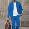Traje casual de color sólido con bolsillo con cremallera para hombre, chaqueta tipo cárdigan versátil de cuello solapa ajustada y pantalones sencillos con cordón