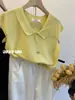 Polo de Lapela Cinza Francês em Seda Gelo Camiseta de Manga Curta Feminina Verão Manga Pequena Voadora Ombro Top Tricotado Fino