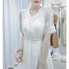 2024 Verão High-end Light Luxury Cor Sólida Decote Em V Saia Feminina Da Marca Novo Estilo Elegante Requintado Emagrecimento Manga Curta Saia Linha A