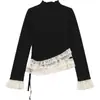 Camiseta de Manga Larga con Cuello Alto y Volantes Cepillados Color Albaricoque para Mujer, Top Ajustado con Fruncidos y Adorno de Encaje para Principios de Otoño