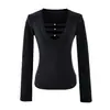 Camiseta Sexy de Manga Larga con Cuello en V Profundo para Mujer, Diseño de Huecos de Moda, Camiseta Básica Elegante, Top Ajustado de Color Sólido