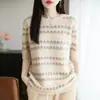 Nuevo Suéter de Lana 100% Otoño e Invierno para Mujer de Manga Media Cuello Redondo Rayas Calado Tejido Camisa Base de Manga Tres Cuartos Suéter Casual