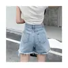 Shorts de Mezclilla Rasgados Estilo Commuter para Mujer, Nueva Versión Coreana Holgada Primavera/Verano, de Cintura Alta, Adelgazantes, Versátiles, de Pierna Recta, Hot Pants