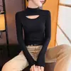 Camisa Básica Gola Alta Cortada ao Meio para Mulheres, Manga Longa Outono e Inverno, Fio de Tricô Fino, Look Emagrecedor, Top Preto
