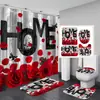 Cortina de Ducha y Juego de Alfombrilla de Baño San Valentín Transfronterizo, Juego de Cuatro Piezas Impermeable de Secado Rápido para Baño con Decoración de Patrón de Rosa