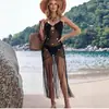 Vestido de crochê feito à mão com franjas vazadas para férias na praia, saída de praia tipo biquíni sexy, vestido de praia