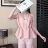 Blusa de Outono Feminina Irregular de Alta Qualidade com Cordão Pulôver Manga 3/4 Solta Emagrecedora Versátil Camiseta Plissada Fina