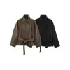 Venta al por mayor transfronteriza de ropa para mujer: Chaqueta de trabajo de ante sintético, elegante y sencilla, de manga larga, cuello alto y cinturón, 2026