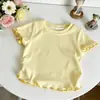 Camiseta Infantil com Borda Franzida, Mangas Curtas Doces, Camisa Base Ribana Elástica Multicor de Verão, Roupa Infantil Versátil, Disponível para Atacado