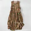 Vestido Casual de Algodão Puro com Estampa Digital Nova, Gola Redonda, Sem Mangas, Comprimento Médio, Para Mulheres, Verão na Praia