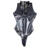 Qian Nai Roupa Íntima Sexy Roupa Íntima Preta Sexy Couro PU Macacão Apertado Couro Patentado Preto Conjunto Tentação 248