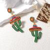 Sombrero de ala ancha de color fresco europeo y americano con cuentas, aretes creativos retro de cactus verde hechos a mano, aretes bohemios