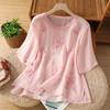 Tiro Real # Camiseta Casual Bordada Retro Artística de Cuello Redondo, Nuevo Top Versátil de Manga Corta de Verano para Mujer.